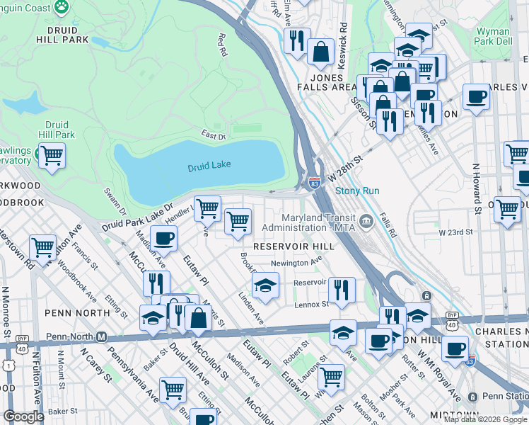 map of restaurants, bars, coffee shops, grocery stores, and more near Lakeview Avenue in Baltimore