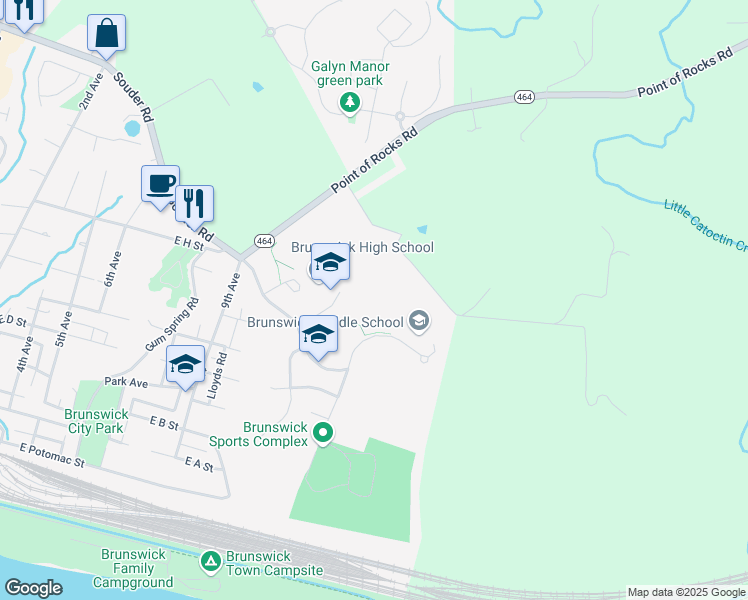 map of restaurants, bars, coffee shops, grocery stores, and more near 301 Cummings Drive in Brunswick