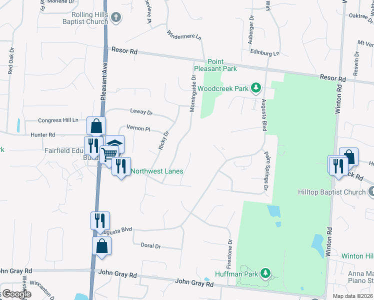 map of restaurants, bars, coffee shops, grocery stores, and more near 6027 Morningside Drive in Fairfield