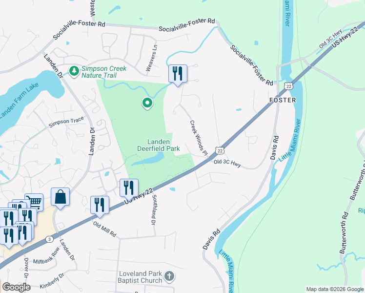 map of restaurants, bars, coffee shops, grocery stores, and more near 2168 U.S. 22 in Maineville
