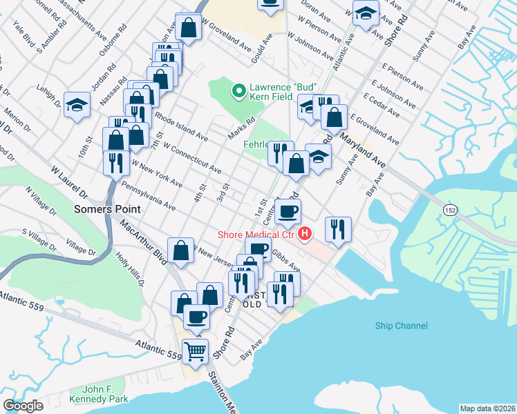 map of restaurants, bars, coffee shops, grocery stores, and more near 647 1st Street in Somers Point