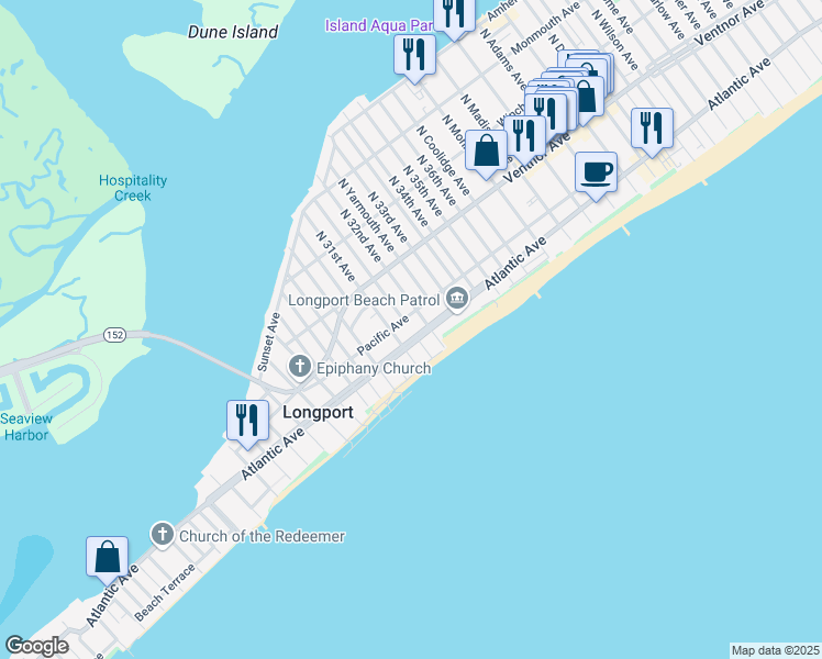 map of restaurants, bars, coffee shops, grocery stores, and more near 3201 Atlantic Avenue in Longport