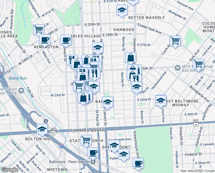 map of restaurants, bars, coffee shops, grocery stores, and more near 2320 Hunter Street in Baltimore