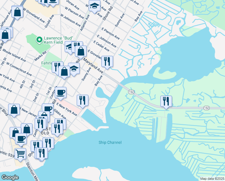 map of restaurants, bars, coffee shops, grocery stores, and more near 557 Launch Avenue in Somers Point