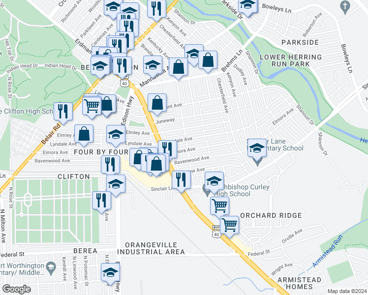 map of restaurants, bars, coffee shops, grocery stores, and more near 3632 Elmora Avenue in Baltimore