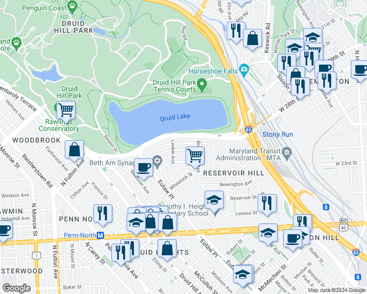 map of restaurants, bars, coffee shops, grocery stores, and more near 824 Brooks Lane in Baltimore