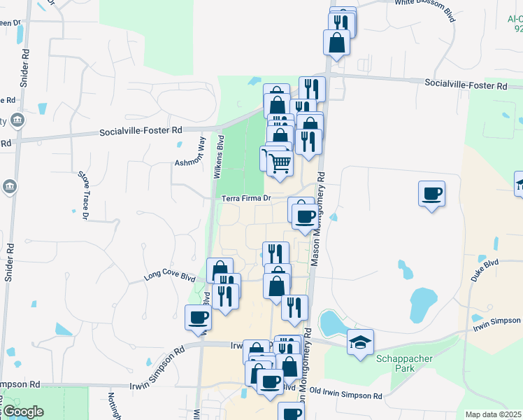 map of restaurants, bars, coffee shops, grocery stores, and more near 5187 Sweet Bay Street in Mason