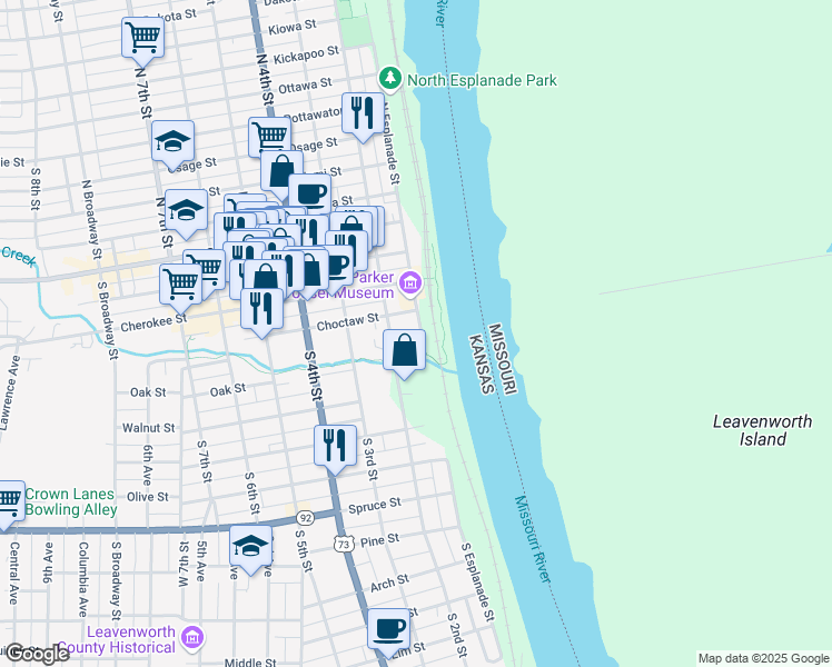 map of restaurants, bars, coffee shops, grocery stores, and more near 420 South Esplanade Street in Leavenworth