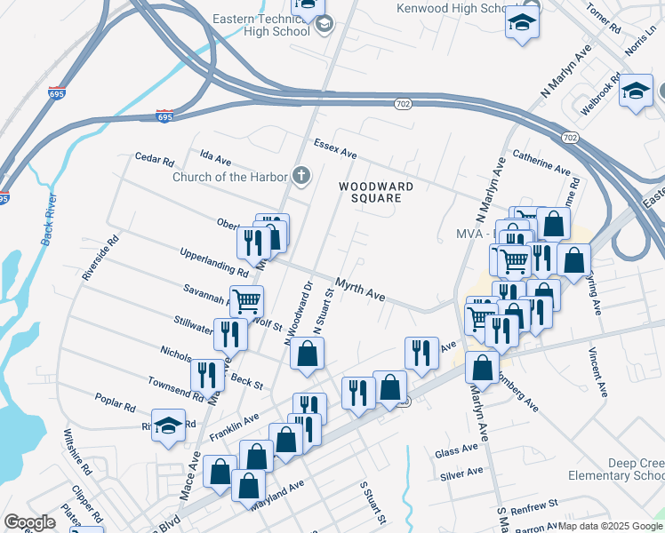 map of restaurants, bars, coffee shops, grocery stores, and more near 702 Clover Avenue in Essex