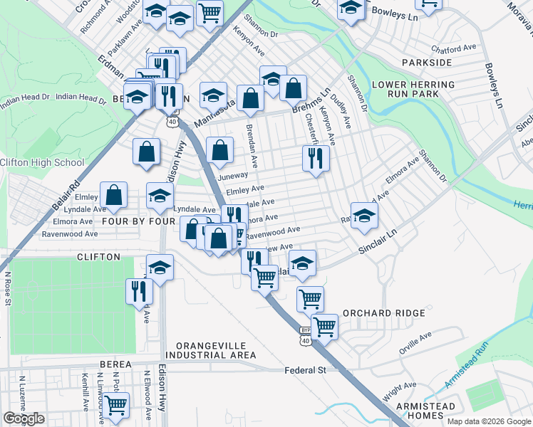 map of restaurants, bars, coffee shops, grocery stores, and more near 3700 Elmora Avenue in Baltimore