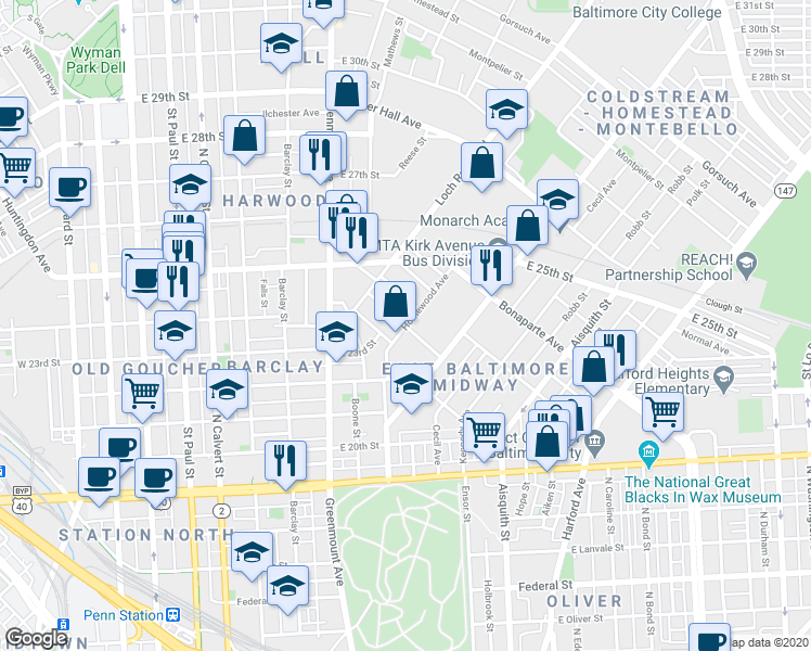 map of restaurants, bars, coffee shops, grocery stores, and more near Homewood Ave & Bartlett Ave in Baltimore