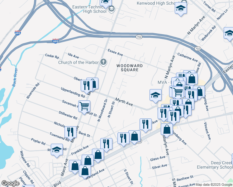 map of restaurants, bars, coffee shops, grocery stores, and more near 702 Clover Avenue in Essex