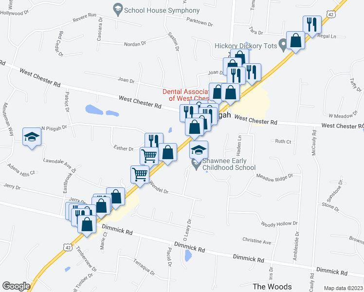 map of restaurants, bars, coffee shops, grocery stores, and more near 9379 U.S. 42 in Butler County