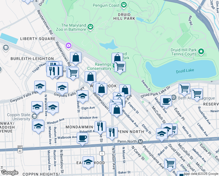 map of restaurants, bars, coffee shops, grocery stores, and more near 2923 Parkwood Avenue in Baltimore