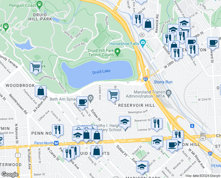 map of restaurants, bars, coffee shops, grocery stores, and more near 808 Brooks Lane in Baltimore