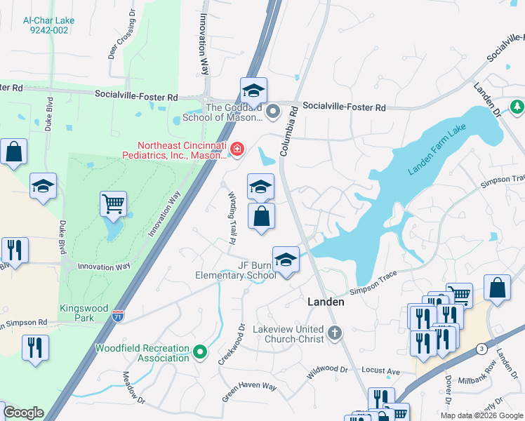 map of restaurants, bars, coffee shops, grocery stores, and more near 8263 Columbia Road in Kings Mills