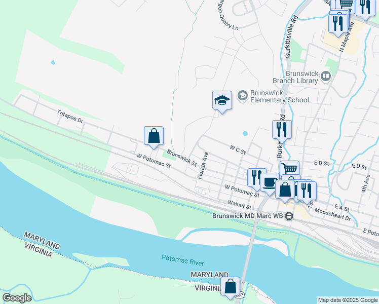 map of restaurants, bars, coffee shops, grocery stores, and more near 115 Central Avenue in Brunswick