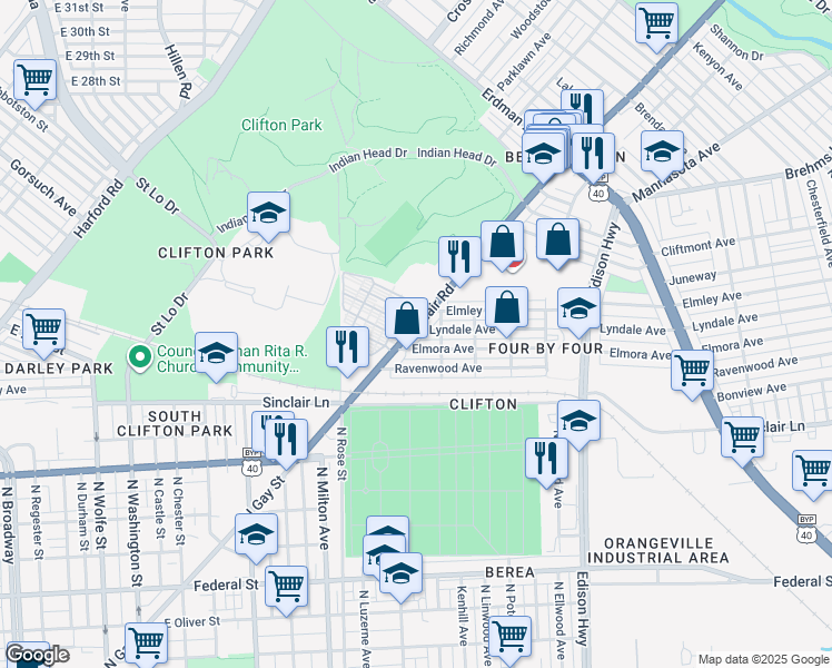 map of restaurants, bars, coffee shops, grocery stores, and more near 2117 Belair Road in Baltimore