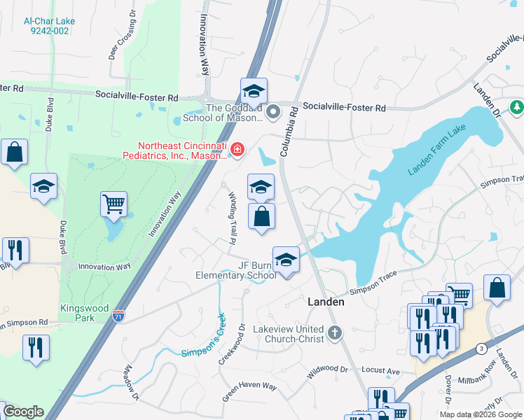 map of restaurants, bars, coffee shops, grocery stores, and more near 8263 Columbia Road in Mason