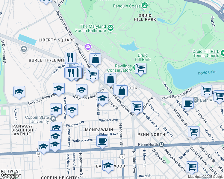 map of restaurants, bars, coffee shops, grocery stores, and more near 2421 Reisterstown Road in Baltimore