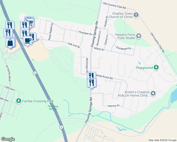 map of restaurants, bars, coffee shops, grocery stores, and more near 22 McGregor Drive in Ranson