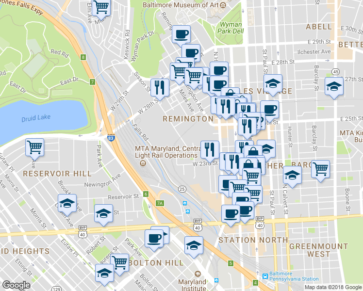map of restaurants, bars, coffee shops, grocery stores, and more near 2400 Sisson St in Baltimore