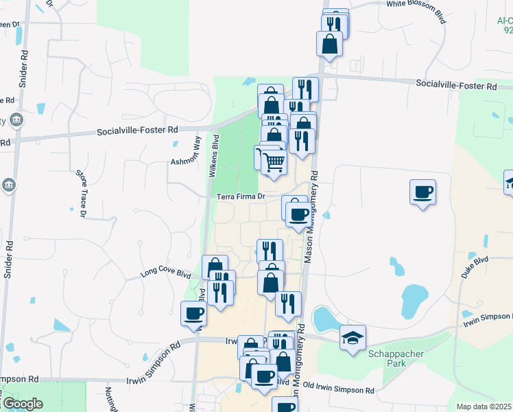 map of restaurants, bars, coffee shops, grocery stores, and more near 5187 Sweet Bay Street in Mason