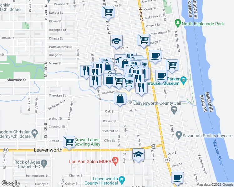 map of restaurants, bars, coffee shops, grocery stores, and more near 709 Cherokee Street in Leavenworth