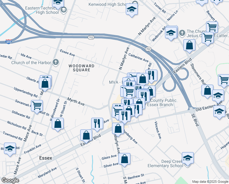 map of restaurants, bars, coffee shops, grocery stores, and more near 223 North Marlyn Avenue in Essex