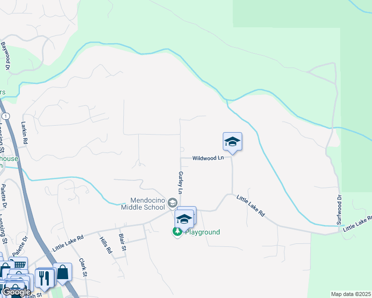 map of restaurants, bars, coffee shops, grocery stores, and more near 10941 Gurley Lane in Mendocino