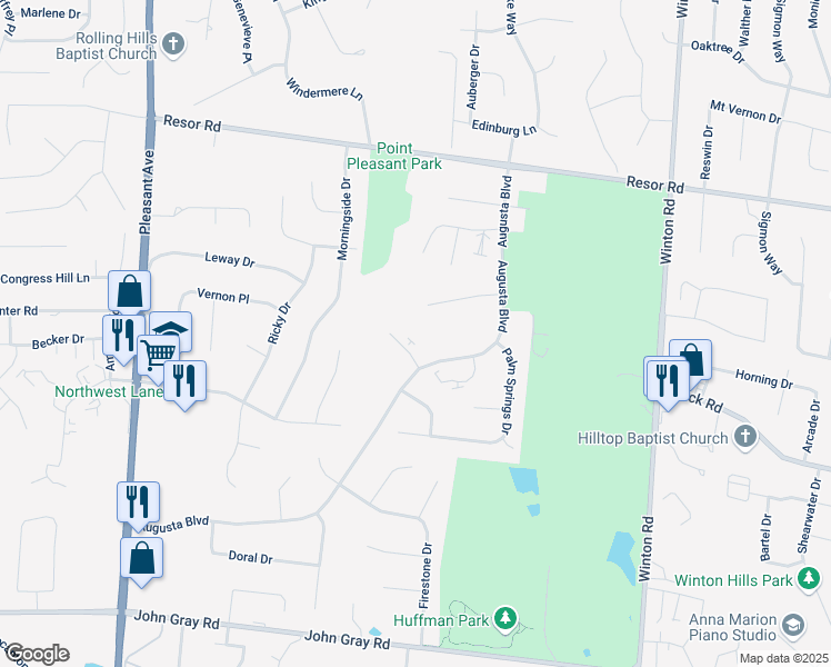 map of restaurants, bars, coffee shops, grocery stores, and more near 2057 Woodtrail Drive in Hamilton