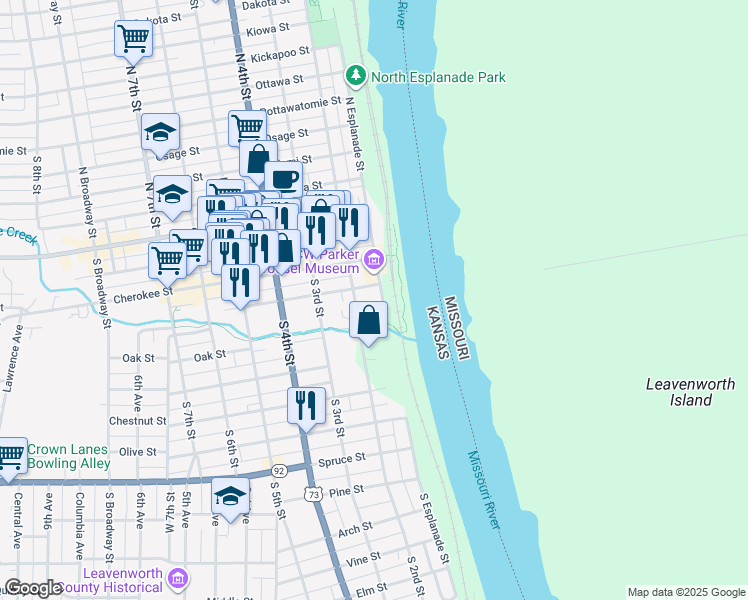 map of restaurants, bars, coffee shops, grocery stores, and more near 401 South 2nd Street in Leavenworth