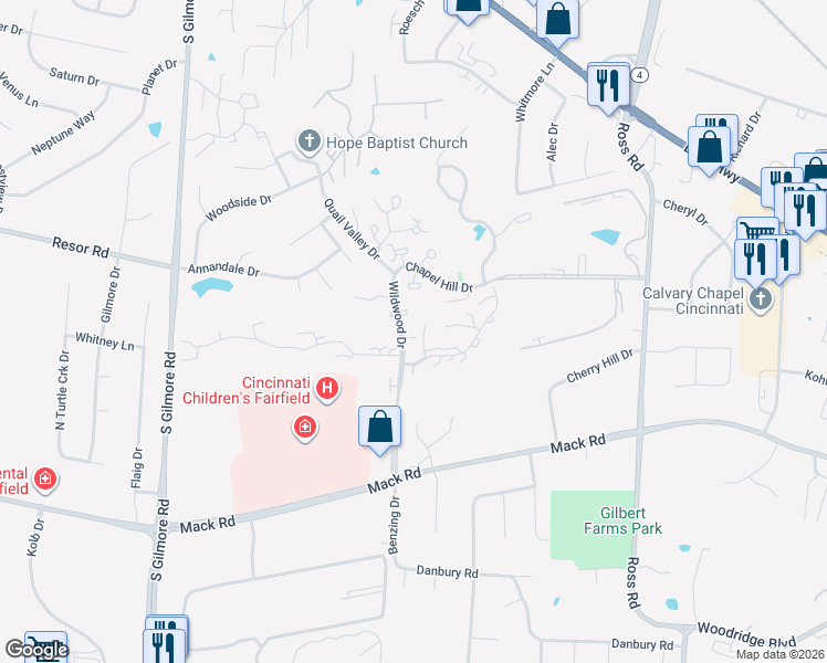 map of restaurants, bars, coffee shops, grocery stores, and more near 38 Wildwood Drive in Fairfield