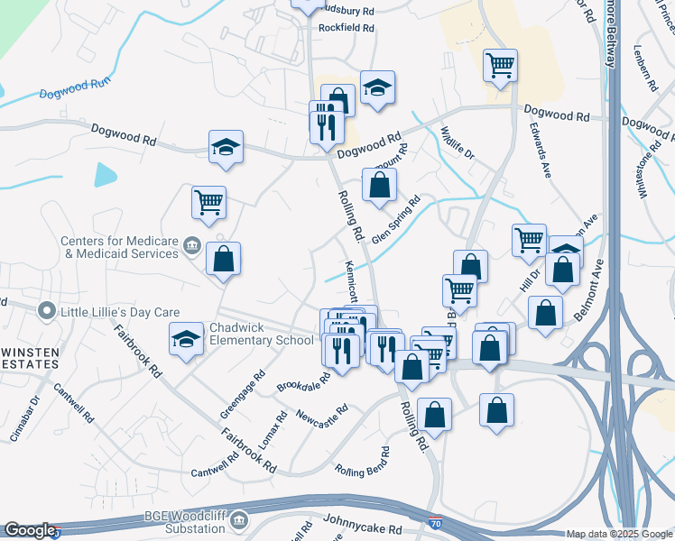 map of restaurants, bars, coffee shops, grocery stores, and more near 7103 Lounsbury Court in Woodlawn