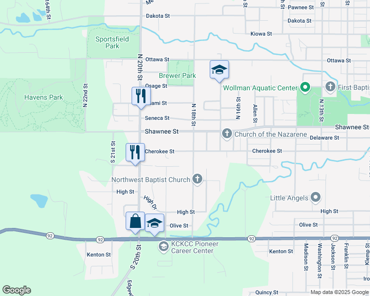 map of restaurants, bars, coffee shops, grocery stores, and more near 1806 Cherokee Street in Leavenworth