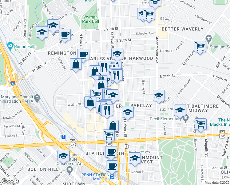 map of restaurants, bars, coffee shops, grocery stores, and more near St Paul St & E 24th St in Baltimore