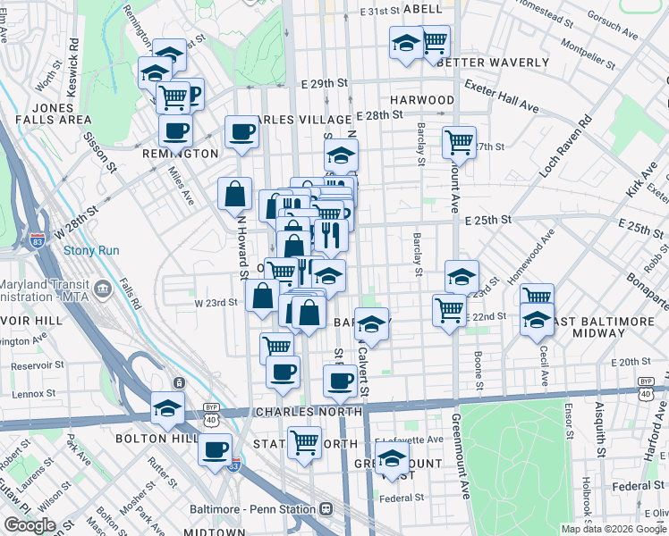 map of restaurants, bars, coffee shops, grocery stores, and more near Saint Paul Street in Baltimore