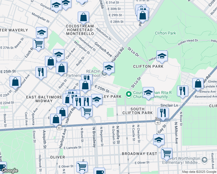 map of restaurants, bars, coffee shops, grocery stores, and more near 1660 Clough St in Baltimore