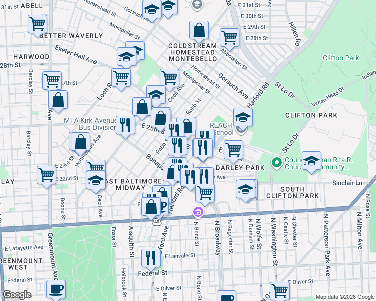 map of restaurants, bars, coffee shops, grocery stores, and more near 2329 Aiken Street in Baltimore