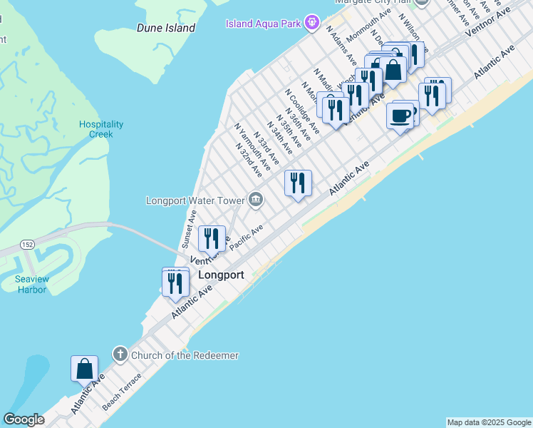 map of restaurants, bars, coffee shops, grocery stores, and more near 25 South 31st Avenue in Longport