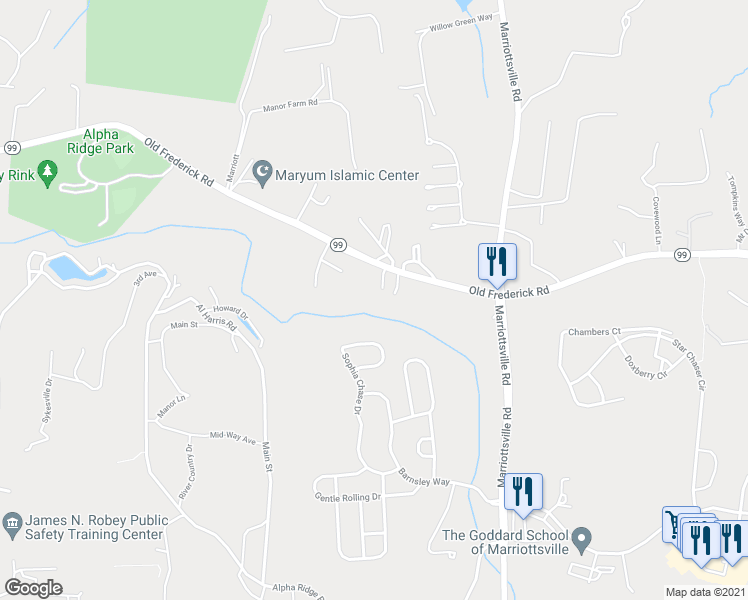 map of restaurants, bars, coffee shops, grocery stores, and more near 11287 Old Frederick Road in Marriottsville