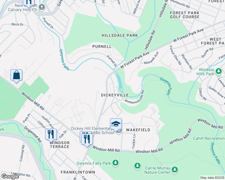 map of restaurants, bars, coffee shops, grocery stores, and more near 2422 Pickwick Road in Baltimore