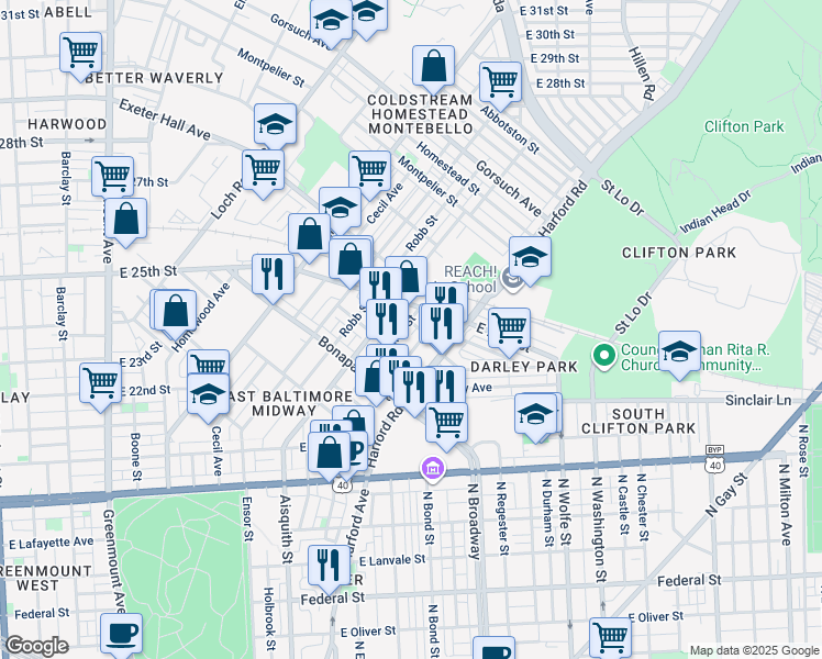 map of restaurants, bars, coffee shops, grocery stores, and more near 2333 Aiken Street in Baltimore