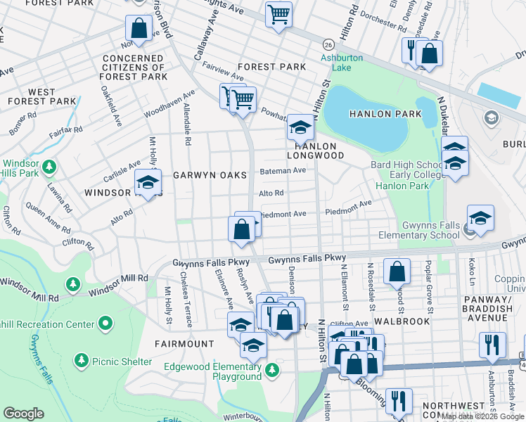 map of restaurants, bars, coffee shops, grocery stores, and more near 2512 Garrison Boulevard in Baltimore