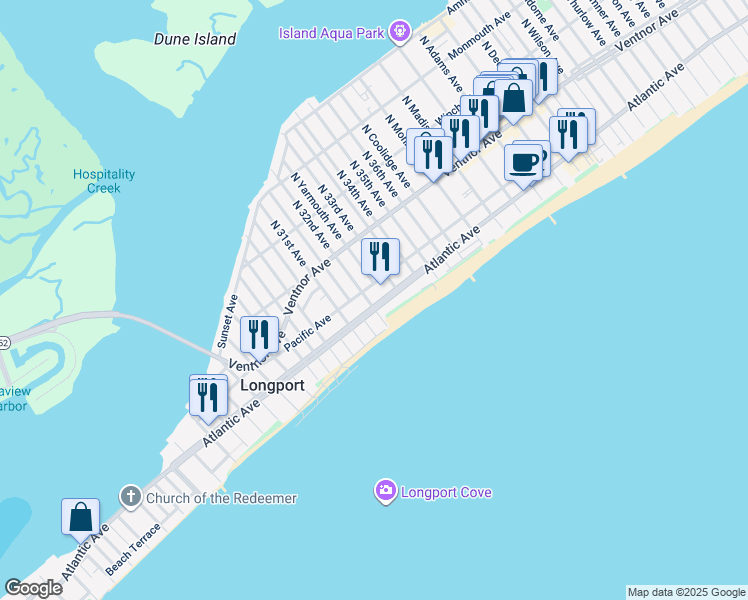 map of restaurants, bars, coffee shops, grocery stores, and more near 3201 Atlantic Avenue in Longport