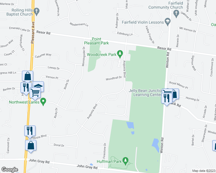map of restaurants, bars, coffee shops, grocery stores, and more near 2057 Woodtrail Drive in Fairfield