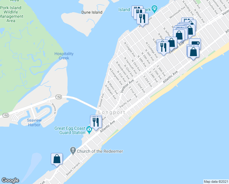 map of restaurants, bars, coffee shops, grocery stores, and more near 2927 Longport Drive in Longport
