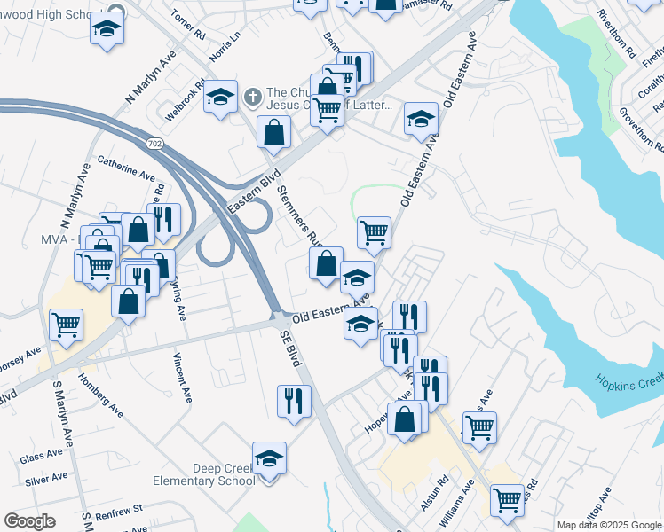 map of restaurants, bars, coffee shops, grocery stores, and more near 28 Stemmers Run Road in Essex