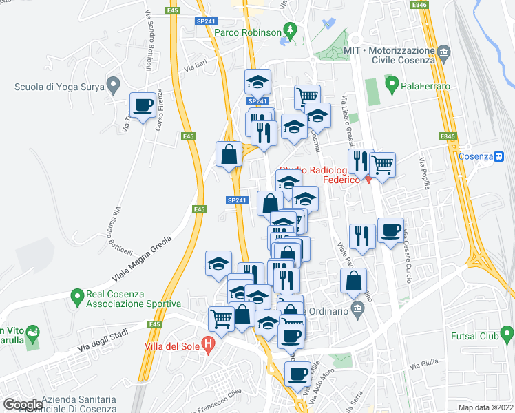 map of restaurants, bars, coffee shops, grocery stores, and more near 16 Via Antonio Lanza in Cosenza