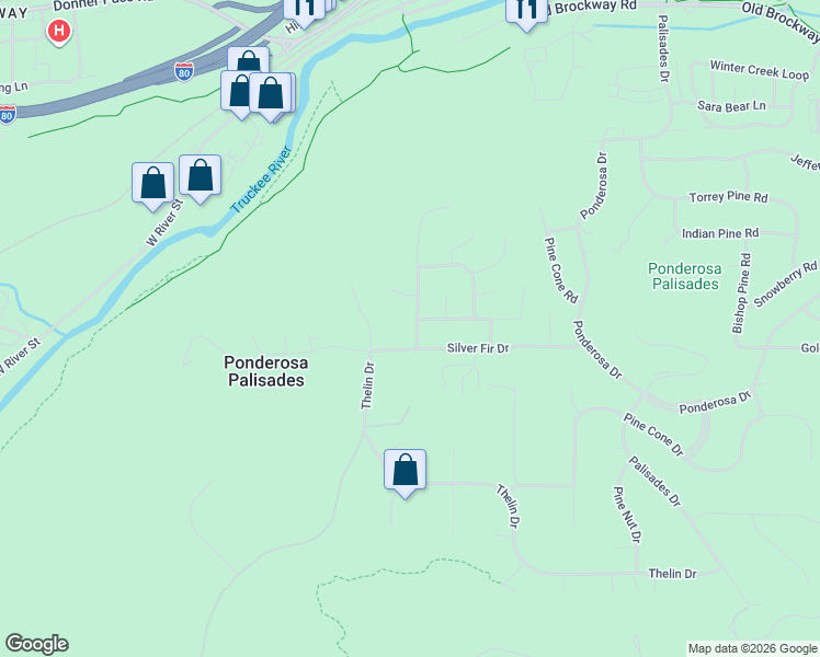 map of restaurants, bars, coffee shops, grocery stores, and more near 10832 Aspen Wood Road in Truckee